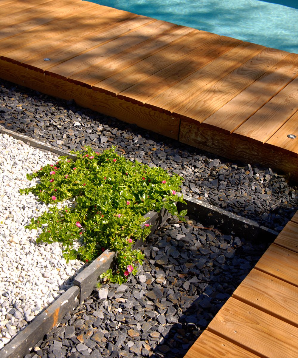 Piscine 6x3 m avec escalier d'angle et liner gris clair